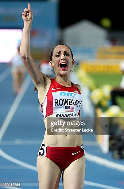 Shannon Rowberry of the United States celebrates after winning the final of the womens distance medley relay on day one of the IAAF World Relays at...