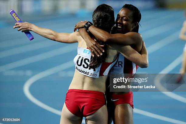 Shannon Rowberry and Treniere Moser of the United States celebrate after winning the final of the womens distance medley relay on day one of the...