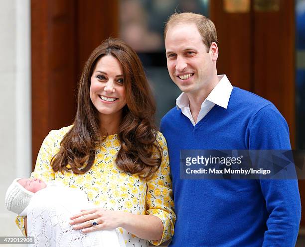 Catherine, Duchess of Cambridge and Prince William, Duke of Cambridge leave the Lindo Wing with their newborn daughter at St Mary's Hospital on May...