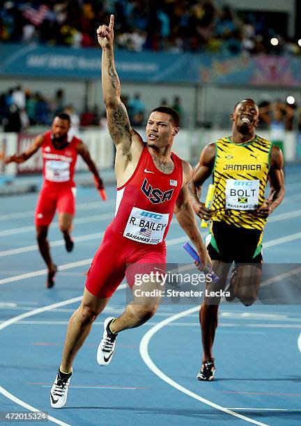 Ryan Bailey of the United States celebrates after winning the final of the mens 4 x 100 metres on day one of the IAAF World Relays at Thomas...