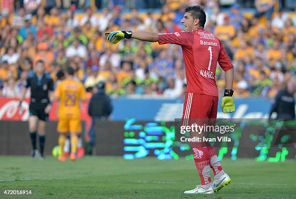 Nahuel Guzman goalkeeper of Tigres shouts instructions to his teammates during a match between Tigres UANL and Chivas as part of 16th round of...