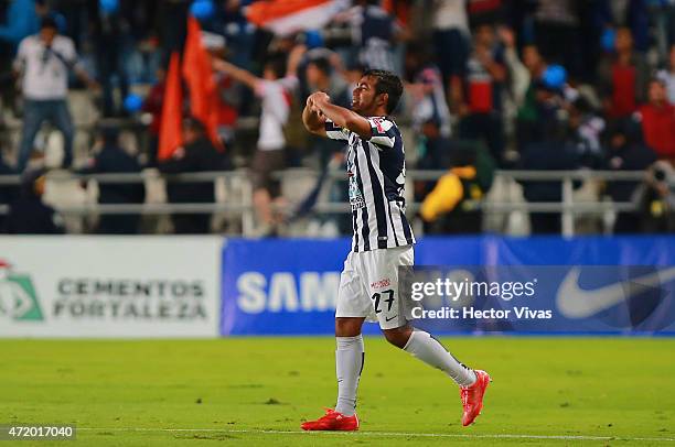 Junior Sornoza of Pachuca celebrates after scoring the first goal of his team during a match between Pachuca and Santos Laguna as part of 16th round...