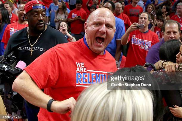 Owner Steve Ballmer of the Los Angeles Clippers celebrates after the Clippers defeated the San Antonio Spurs in Game Seven of the Western Conference...