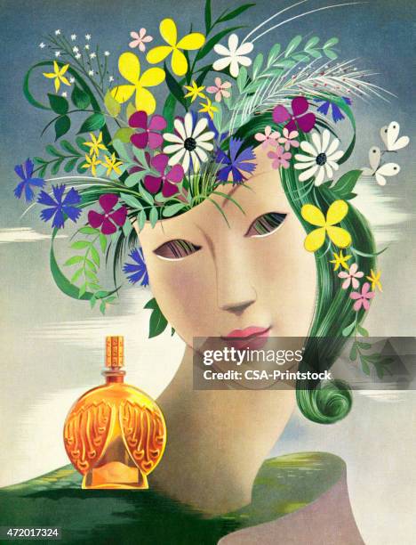 head vase with perfume bottle - empty jar stock illustrations