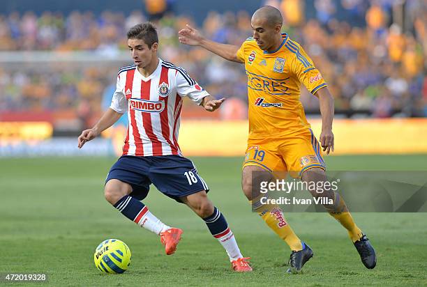Isaac Brizuela of Chivas vies for the ball with Guido Pizarro of Tigres during a match between Tigres UANL and Chivas as part of 16th round of...