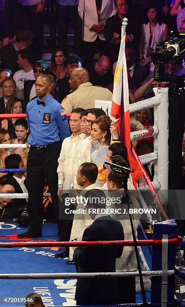 Gail Banawis from the Philippines prepares to sing the national anthem of the Philippines before the Floyd Mayweather Jr., and Manny Pacquiao fight...