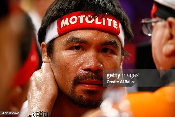 Manny Pacquiao in the ring before the welterweight unification championship bout on May 2, 2015 at MGM Grand Garden Arena in Las Vegas, Nevada.