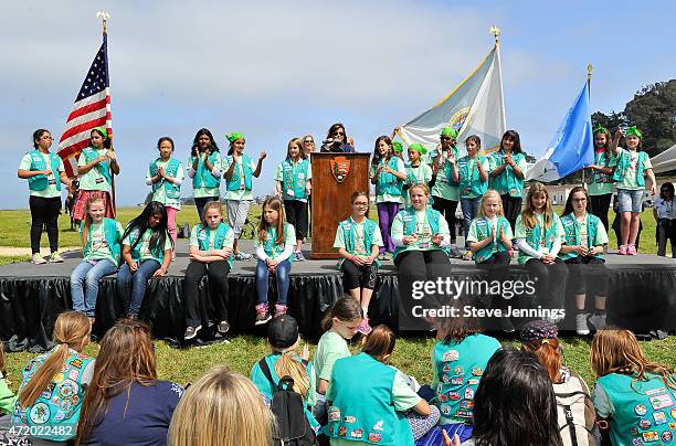 Kathy Hopinkah Hannah, National Board President of GSUSA speaks at the podium at the ceremony for Girl Scouts of the USA and National Park Service...