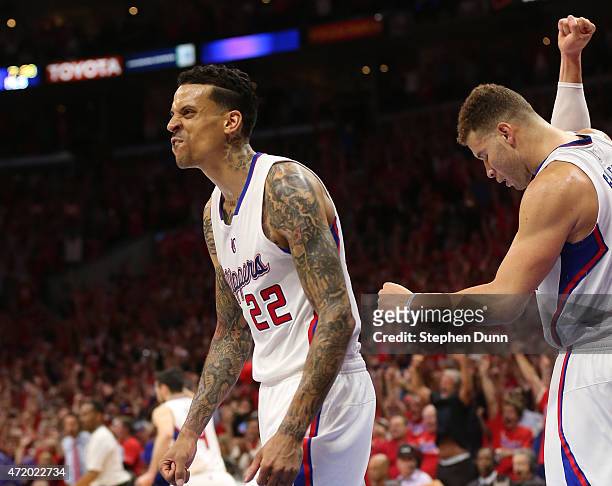 Matt Barnes and Blake Griffin of the Los Angeles Clippers celebrate at the final buzzer against the San Antonio Spurs during Game Seven of the...