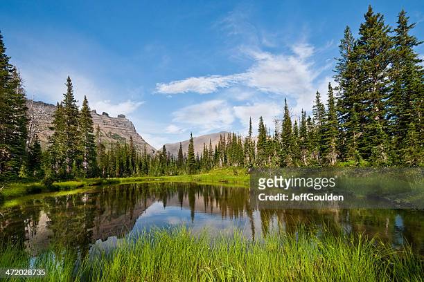 mountains reflected in an alpine lake - glacier county montana stockfoto's en -beelden