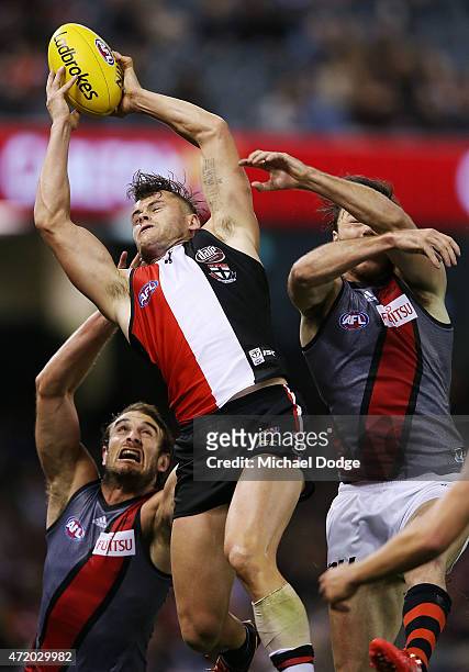 Maverick Weller of the Saints marks the ball Jobe Watson of the Bombers during the round five AFL match between the St Kilda Saints and the Essendon...