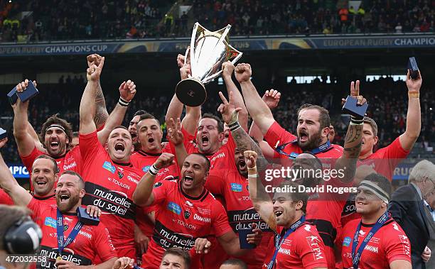 Toulon celebrate after their victory during the European Rugby Champions Cup Final between ASM Clermont Auvergne and RC Toulon at Twickenham Stadium...