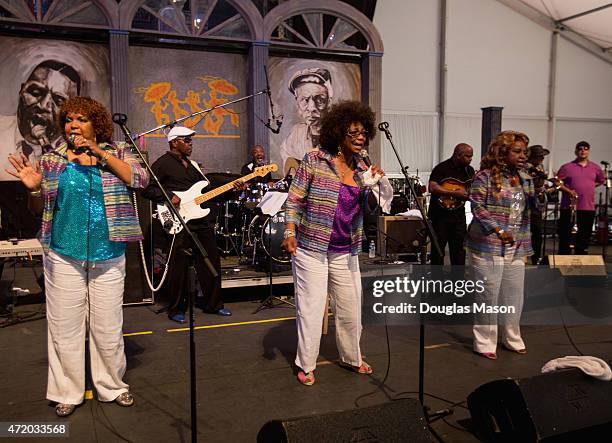 Rosa Hawkins, Athelgra Neville and Barbara Hawkins New Orleans Classic R&B Divas featuring The Dixie Cups performs during the 2015 New Orleans Jazz &...