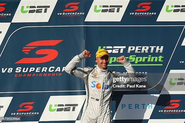 Will Davison of the Erebus Motorsport V8 team celebrates after winning race 9 during the V8 Supercars - Perth Supersprint at Barbagallo Raceway on...