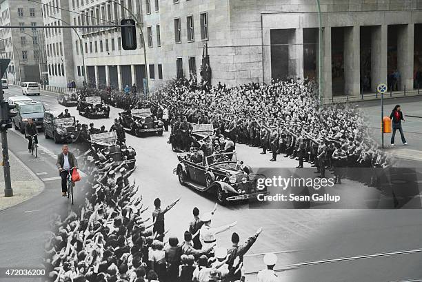 In this digital composite image a comparison has been made showing crowds saluting to Adolf Hitler passing by in a motorcade on October 2, 1938 and a...