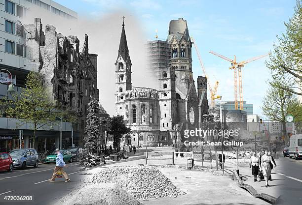 In this digital composite image a comparison has been made showing people walking past the ruins of the Kaiser Wilhelm Memorial Church on July 1945...