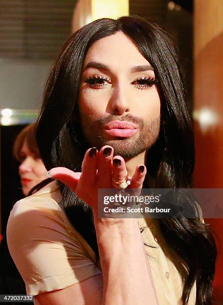 Conchita Wurst blows a kiss as she arrives at the 57th Annual Logie Awards at Crown Palladium on May 3, 2015 in Melbourne, Australia.