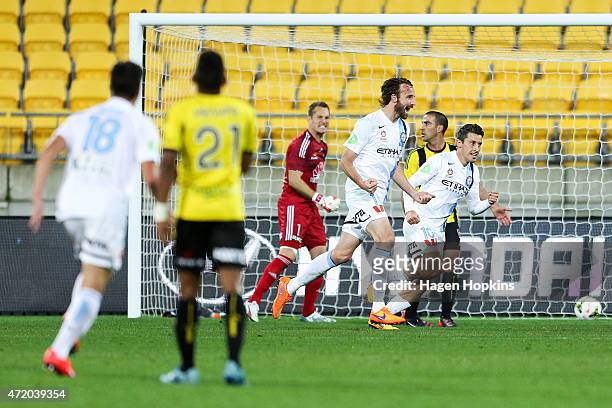 Joshua Kennedy of Melbourne City celebrates his goal during the A-League Elimination match between the Wellington Phoenix and Melbourne City FC at...