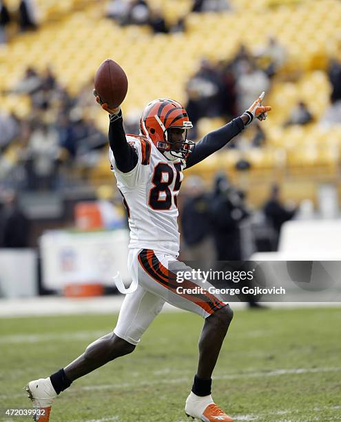 Wide receiver Chad Johnson of the Cincinnati Bengals holds the football after catching a pass during pregame warmup before a National Football League...