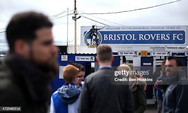 Spectators gather outside the ground ahead of the Vanarama Football Conference League Play Off Semi Final Second Leg between Bristol Rovers and...