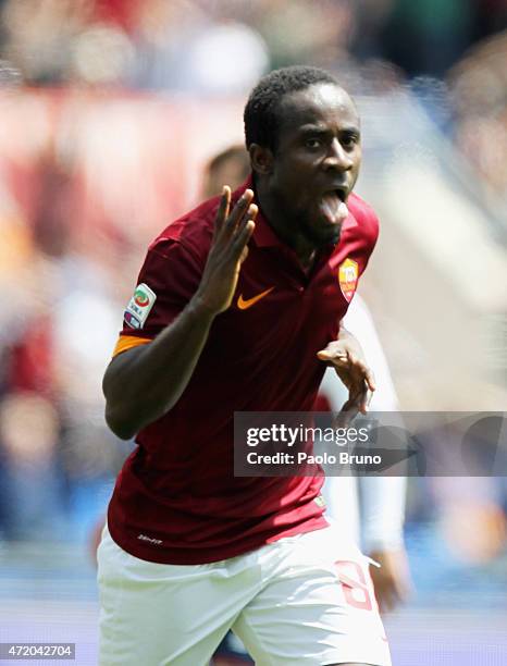 Seydou Doumbia of AS Roma celebrates after scoring the opening goal during the Serie A match between AS Roma and Genoa CFC at Stadio Olimpico on May...