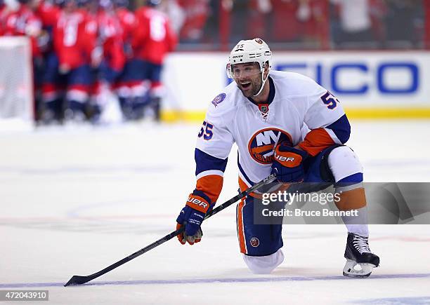 Johnny Boychuk of the New York Islanders reacts at the end of a 2-1 loss to the Washington Capitals in Game Seven of the Eastern Conference...