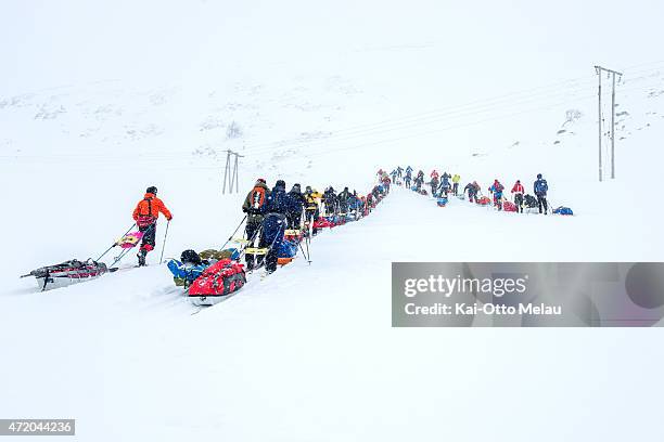 Athletes start out on their journey across Hardangervidda, Norway during Expedition Amundsen 2015. The race is knows as "the world's hardest ski...