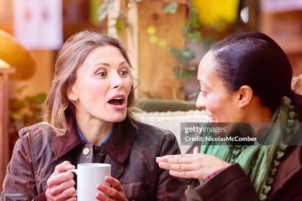 Two mid adult women sharing secrets