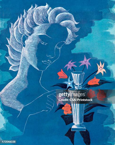 woman pointing at perfume bottle - perfume packaging stock illustrations