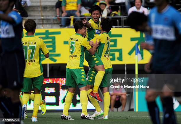 Takashi Kanai of JEF United Chiba celebrates the first goal during the J.League second division match between JEF United Chiba and Yokohama FC at...