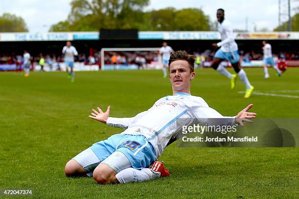 James Maddison of Coventry celebrates after scoring to make it 2-1 during the Sky Bet League One match between Crawley Town and Coventry City at The...
