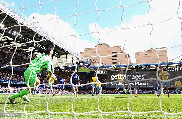 Eden Hazard of Chelsea scores their first goal with a header past Julian Speroni of Crystal Palace during the Barclays Premier League match between...