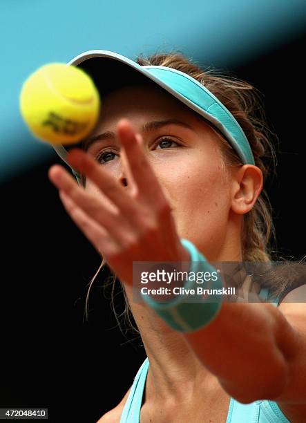 Eugenie Bouchard of Canada serves against Barbora Strycova of the Czech Republic in their first round match during day two of the Mutua Madrid Open...