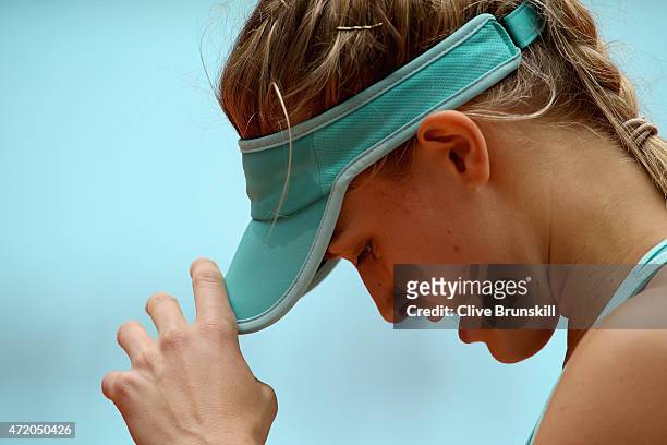 Eugenie Bouchard of Canada shows her dejection during her three set defeat against Barbora Strycova of the Czech Republic in their first round match...