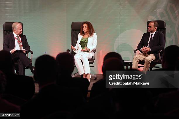 Prince Ali Bin Al-Hussein and Samar Nassar speak at the discussion studio at the opening of the Soccerex convention, the world's largest football...