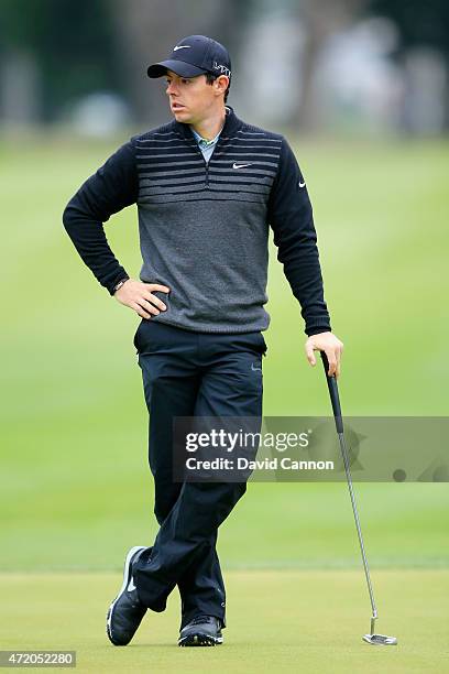 Rory McIlroy of Northern Ireland stands on the third hole green during his semi final match in the World Golf Championships Cadillac Match Play at...