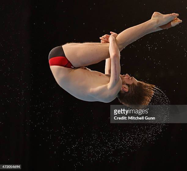 Maxim Bouchard of Canada competes in the 10m Platform Men during day three of the FINA/NVC Diving World Series 2015 at the London Aquatics Centre on...