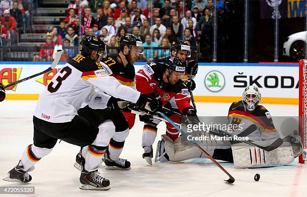 Taylor Hall of Canada tries to score over Dennis Endras , goaltender of Germany during the IIHF World Championship group A match between Canada and...