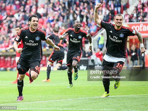 Gojko Kacar of Hamburg celebrates his team's second goal with team mate Pierre-Michel Lasogga during the the Bundesliga match between 1. FSV Mainz 05...