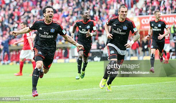 Gojko Kacar of Hamburg celebrates his team's second goal with team mate Pierre-Michel Lasogga during the the Bundesliga match between 1. FSV Mainz 05...