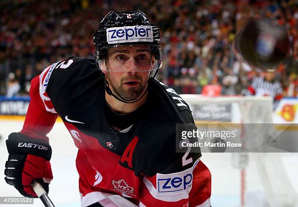 Dan Hamhuis of Canada focus the puck during the IIHF World Championship group A match between Canada and Germany on May 3, 2015 in Prague, Czech...