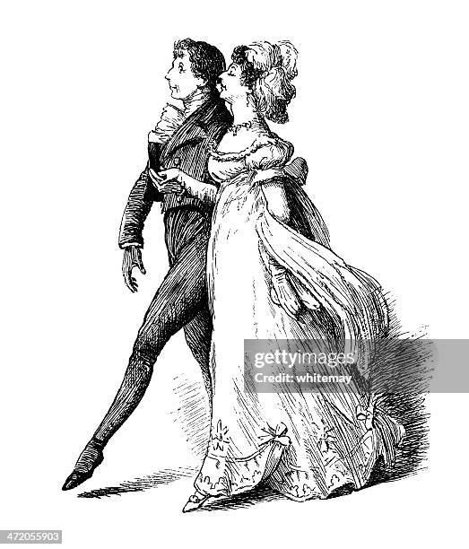 stockillustraties, clipart, cartoons en iconen met victorian man leading a lady out to dance - arm in arm