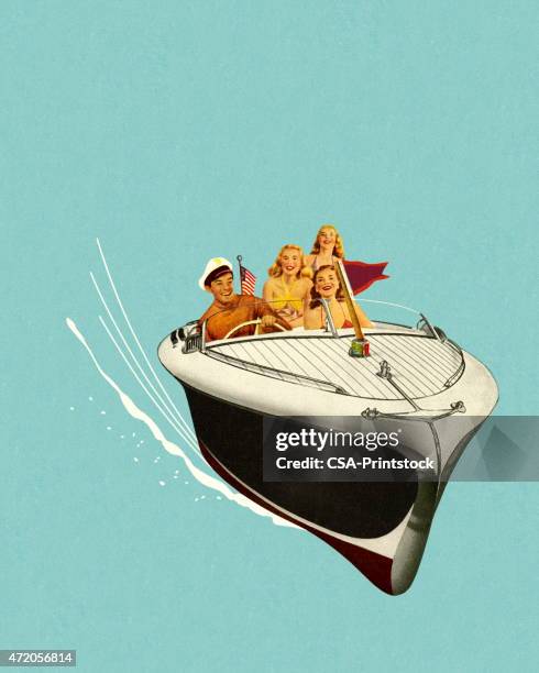 four people in a speedboat - speed boat stock illustrations