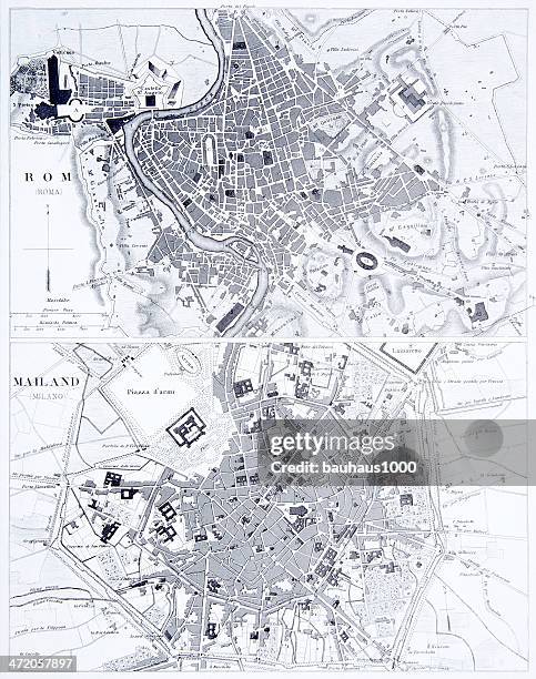 engraving: rome and milan - milan map stock illustrations