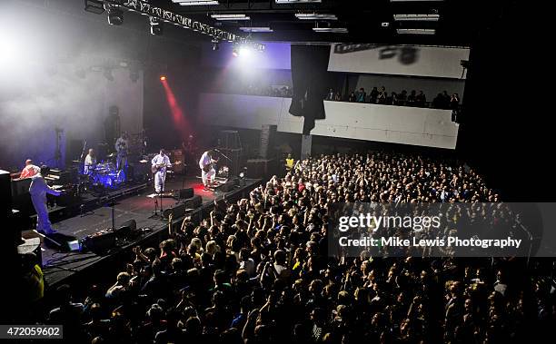 Crowd shot of Super Fury Animals performing on stage at Cardiff University on May 2, 2015 in Cardiff, United Kingdom
