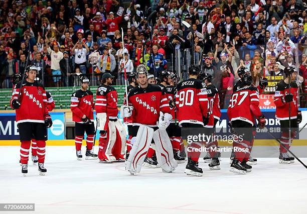 The team of Canada celebrate after the IIHF World Championship group A match between Canada and Germany on May 3, 2015 in Prague, Czech Republic.