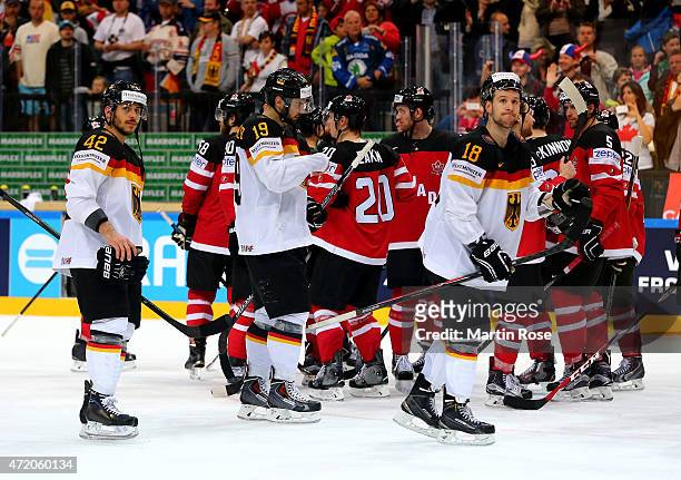 Players of Germany look dejected after the IIHF World Championship group A match between Canada and Germany on May 3, 2015 in Prague, Czech Republic.