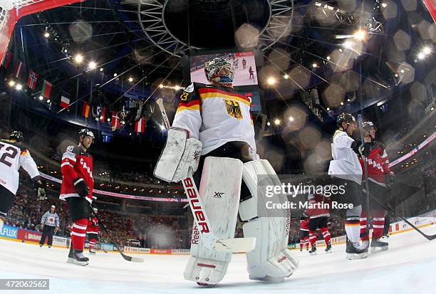 Danny aus den Birken, goaltender of Germany looks dejected during the IIHF World Championship group A match between Canada and Germany on May 3, 2015...