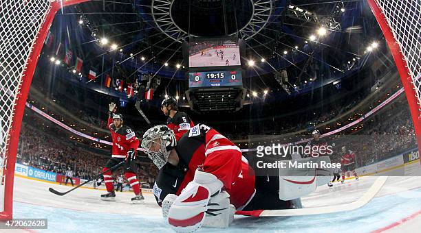 Martin Jones, goaltender of Canada makes a save during the IIHF World Championship group A match between Canada and Germany on May 3, 2015 in Prague,...