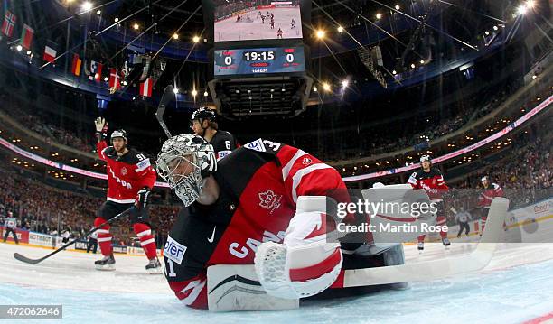 Martin Jones, goaltender of Canada makes a save during the IIHF World Championship group A match between Canada and Germany on May 3, 2015 in Prague,...